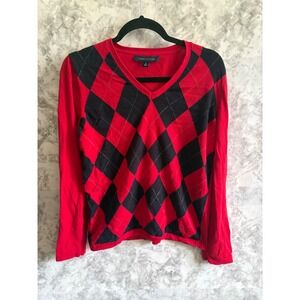 Tommy Hilfiger Argyle V Neck Sweater Red Black Long Sleeve Top‎